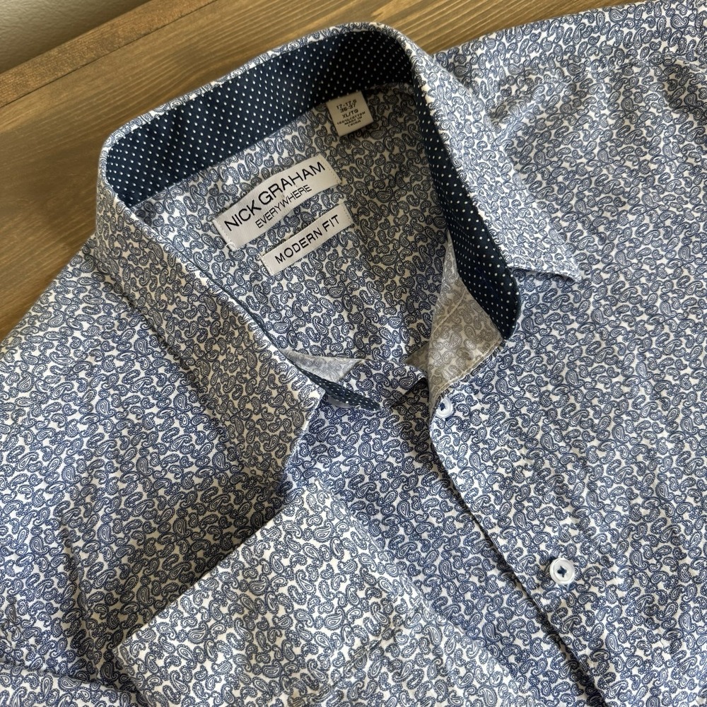 Nick Graham Men's XL Modern Fit Blue White Organic‎ Paisley Dress Shirt